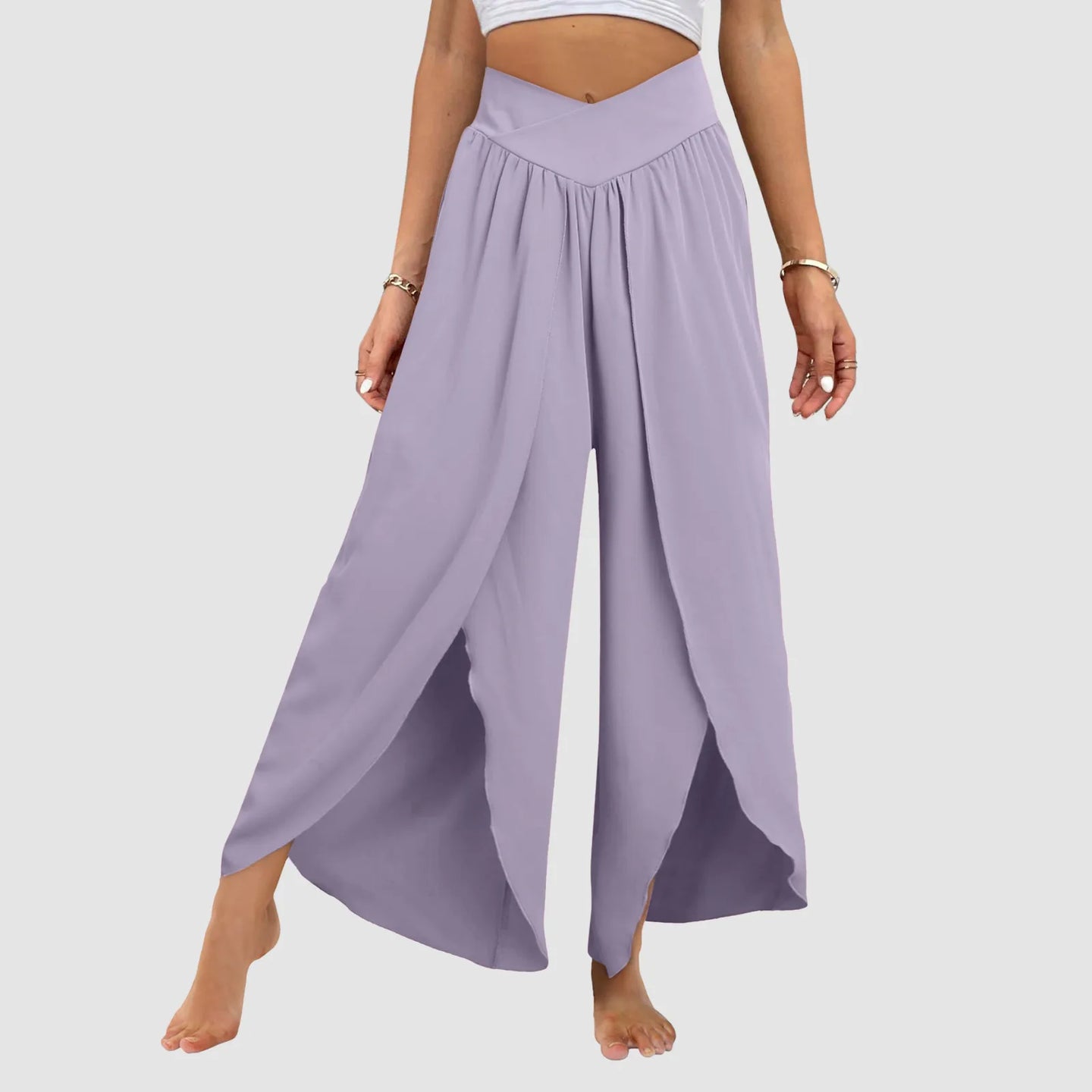 Wide Leg Pants With Front Slit High Waisted Pleated
