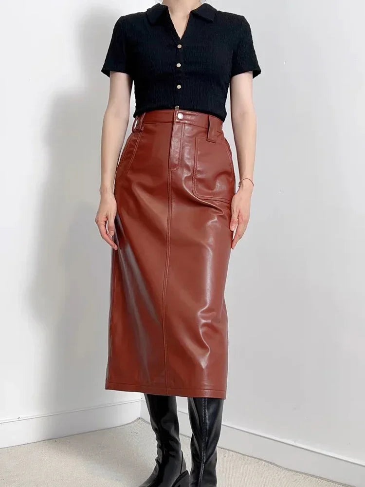 Women Genuine Leather Long Maxi Skirts