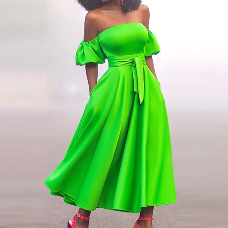 Slim Fit Belt Elegant Lady Midi Dresses