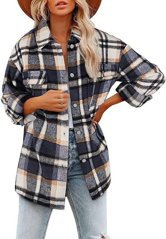 Autumn Women's Plaid Jacket Long Sleeve Lapel