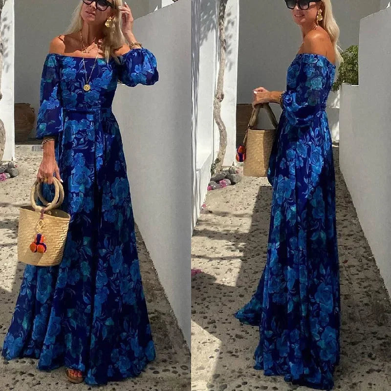 sexy slash neck, big swing print chest wrap dress