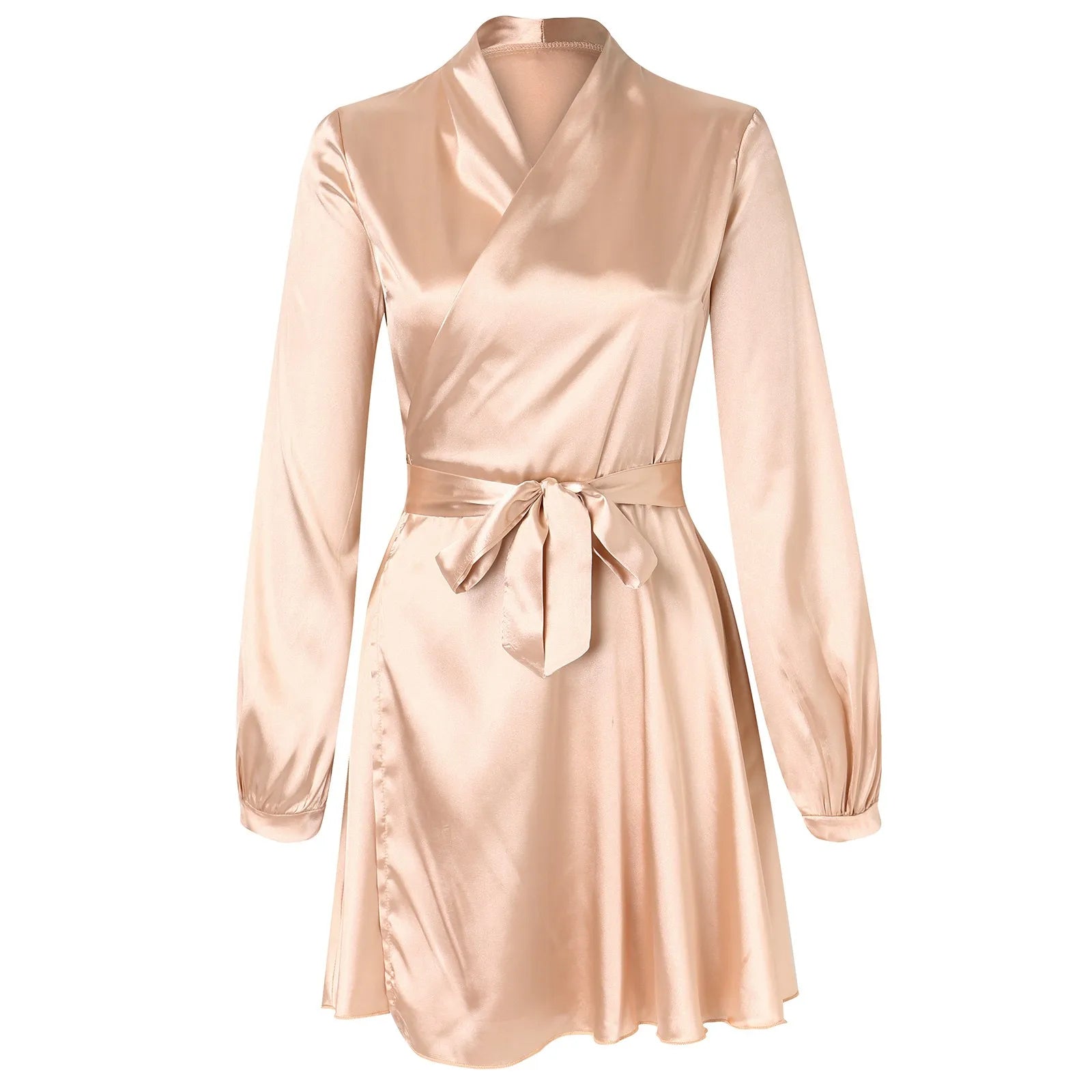Summer Ladies V Neck Satin Dress Long Sleeve