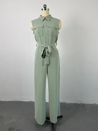 Lapel Pocket Waist Trimming Wide Leg Sleeveless Jumpsuit