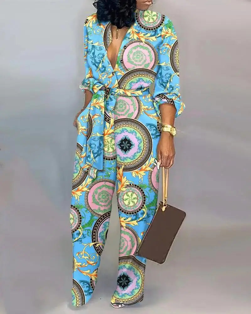 Autumn Casual Jumpsuits fashion Print V-Neck