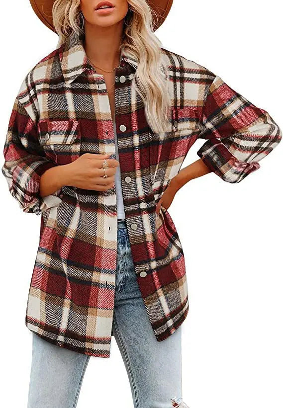 Autumn Women's Plaid Jacket Long Sleeve Lapel