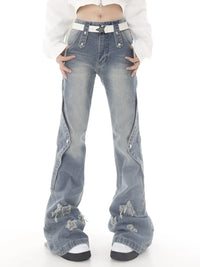 Women Blue Y2k Star Flare Jeans Vintage