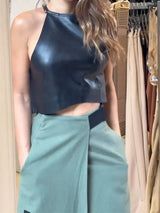 Elegant Women Striped PU Crop with Long Skirt