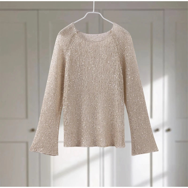 Sexy Sequins Hollow Pullover O-neck Long Sleeve Sweater