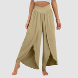 Wide Leg Pants With Front Slit High Waisted Pleated