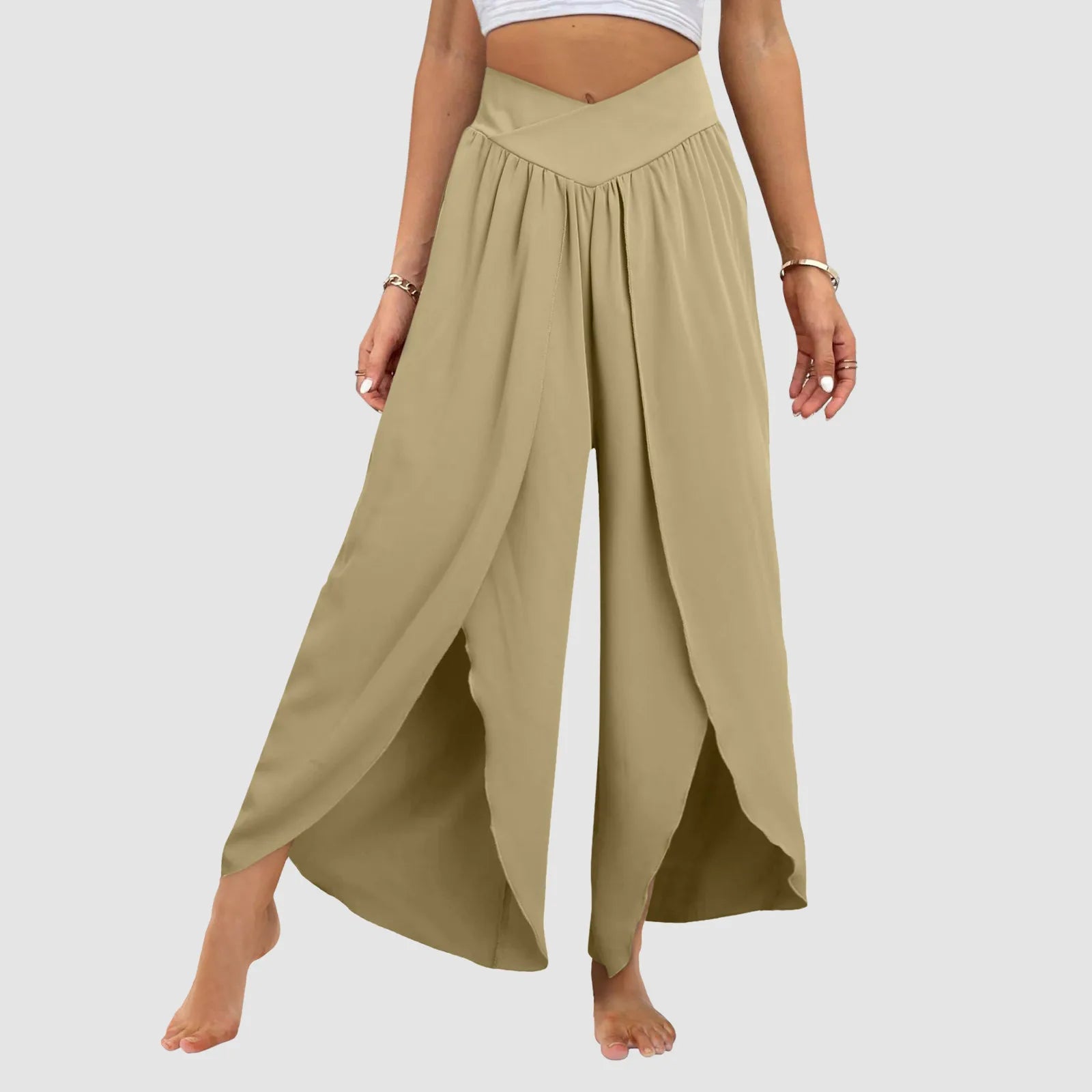 Wide Leg Pants With Front Slit High Waisted Pleated