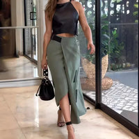 Elegant Women Striped PU Crop with Long Skirt