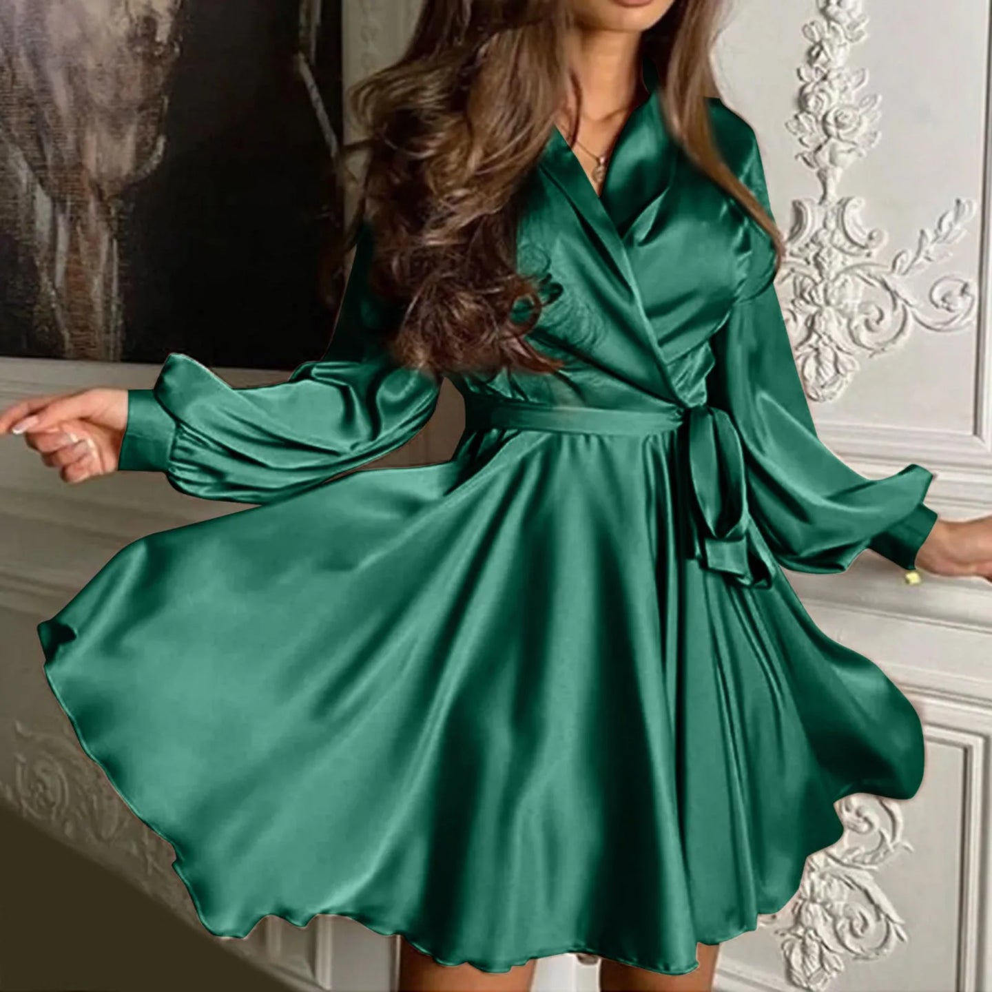 Summer Ladies V Neck Satin Dress Long Sleeve