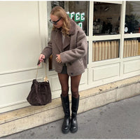Women Casual Lapel Thick Faux Leather Jackets