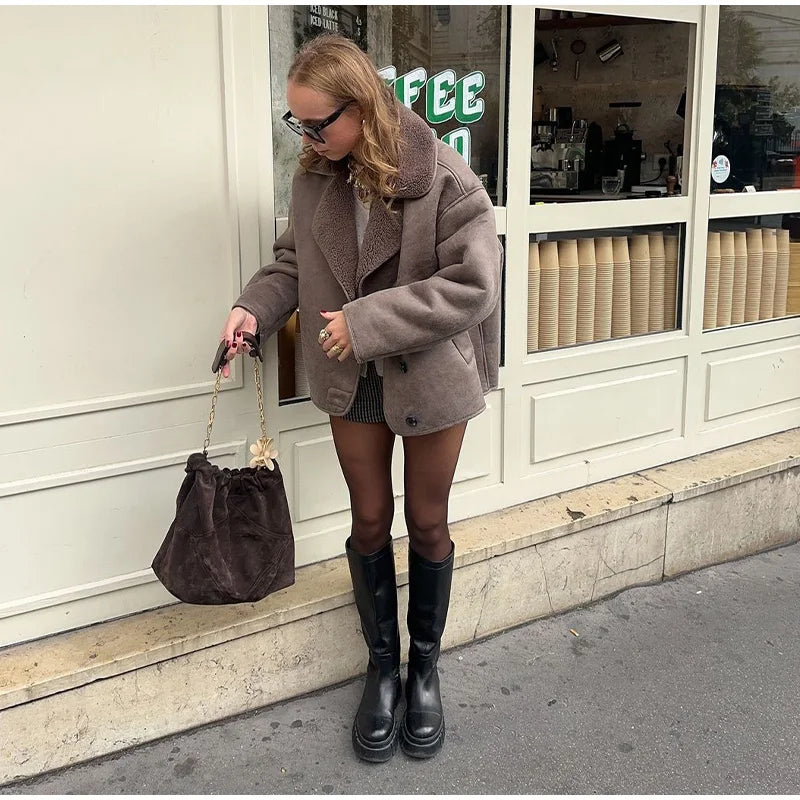 Women Casual Lapel Thick Faux Leather Jackets