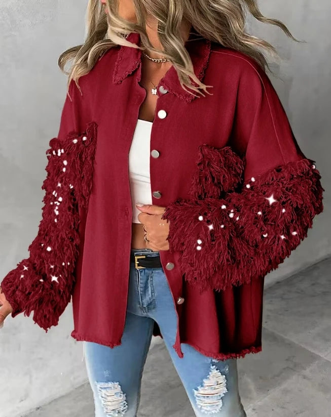 Women's Top Contrast Sequin Tassel Design