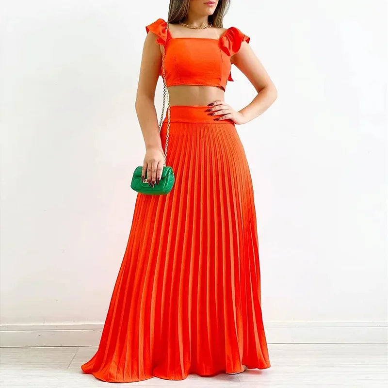 Women Top Short Vest High Waist Pleated Long Skirt
