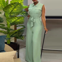 Lapel Pocket Waist Trimming Wide Leg Sleeveless Jumpsuit