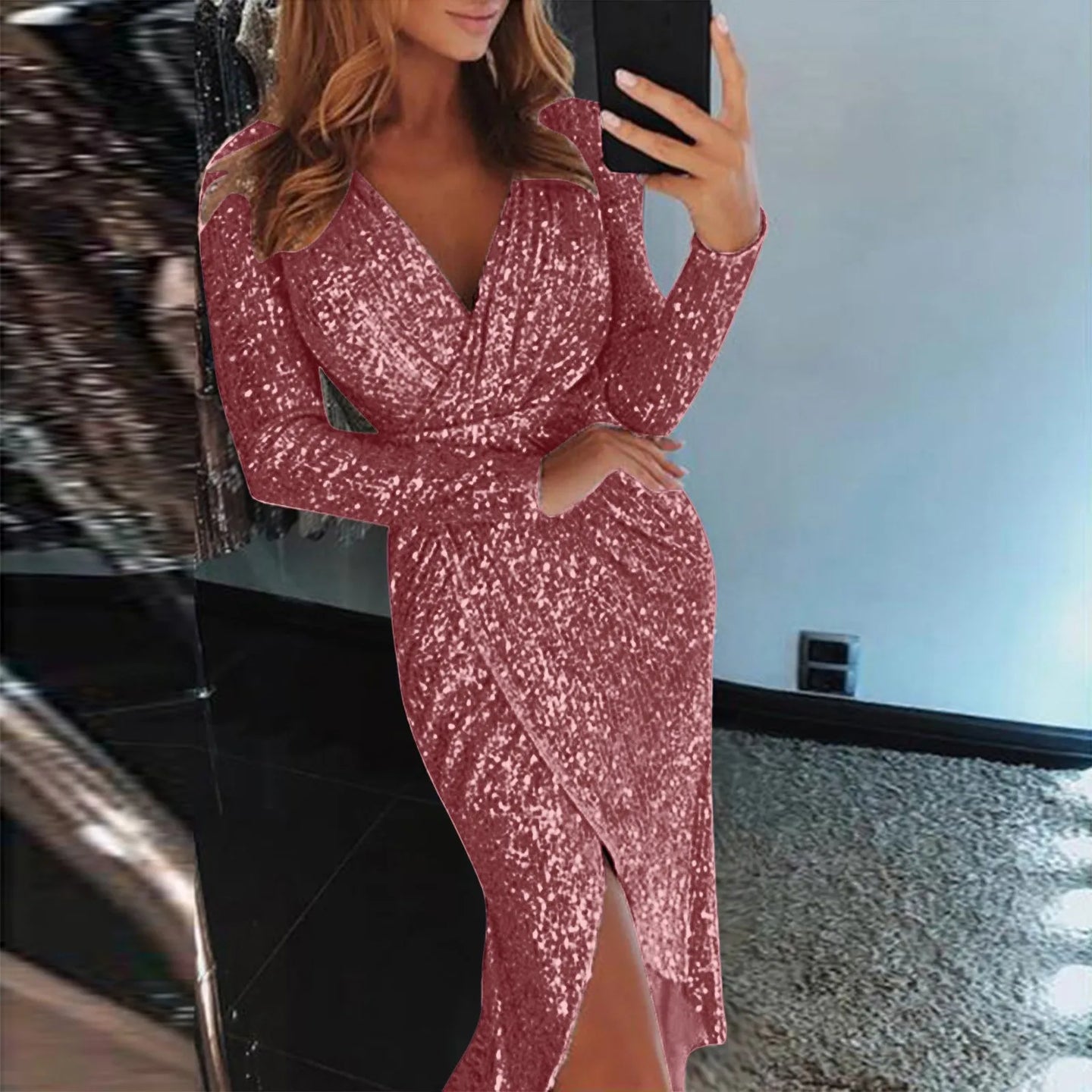 Elegant Women Evening Party Dress Shiny Sequin