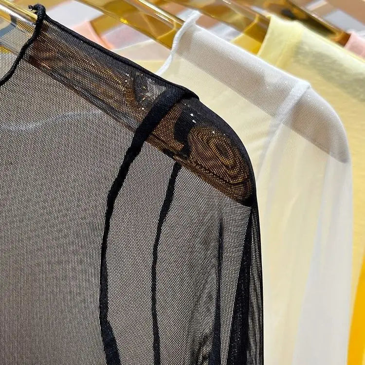 Fashion Mesh T-shirts Women Vintage Transparent Tops