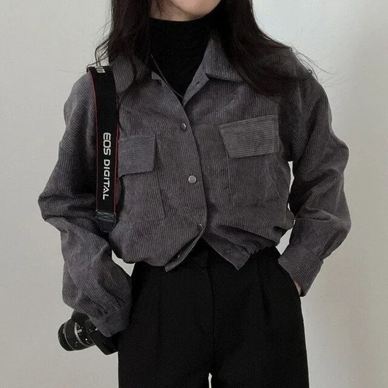 Rimocy Chic Pockets Long Sleeve Cropped Blouse