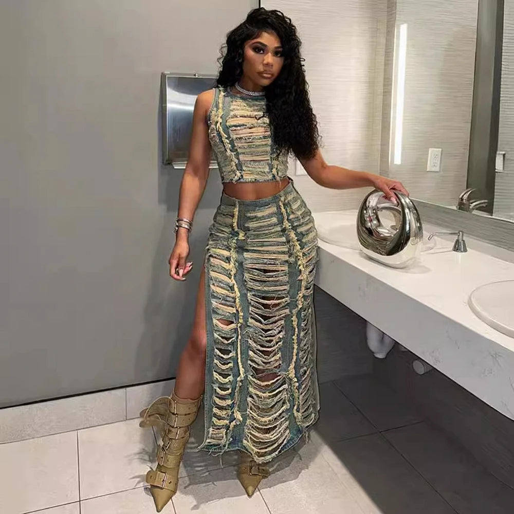 Sexy denim two-piece set with crop top