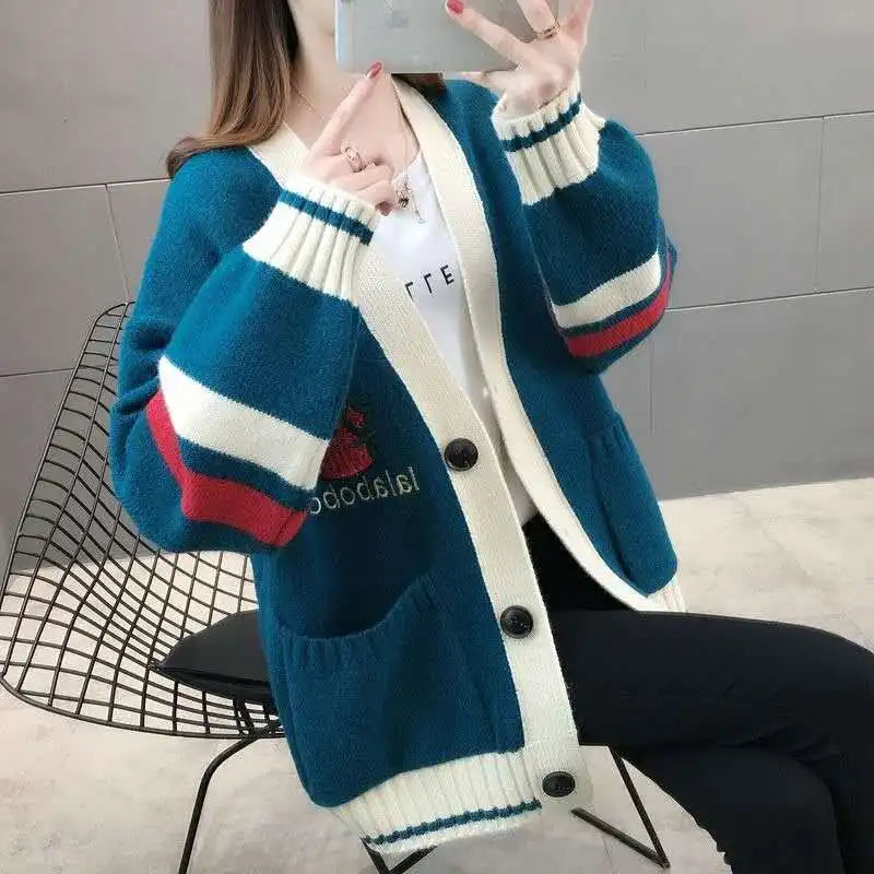 Winter Style Loose Diamond Plaid Long-Sleeve Cardigan