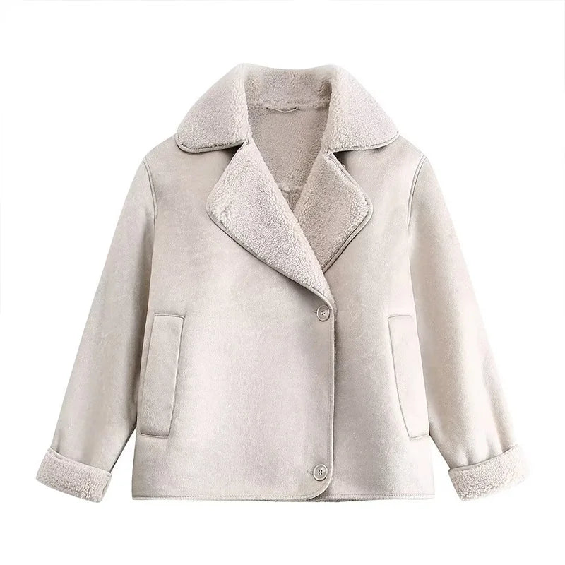 Women Casual Lapel Thick Faux Leather Jackets