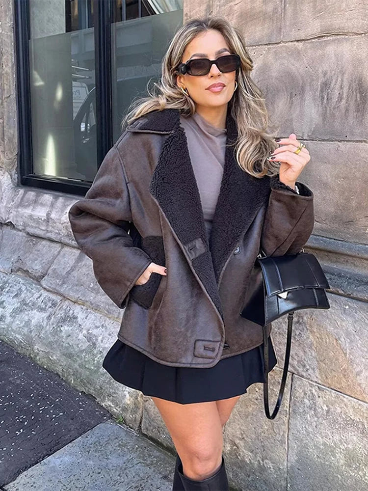 Women Casual Lapel Thick Faux Leather Jackets