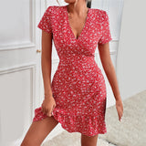 Summer V Neck Short Sleeve Floral Print Yellow Dress