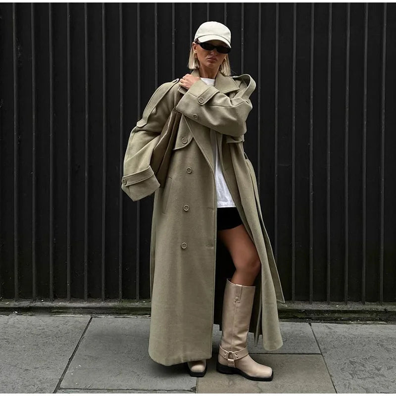 Street Ribbed Woolen Long Coat