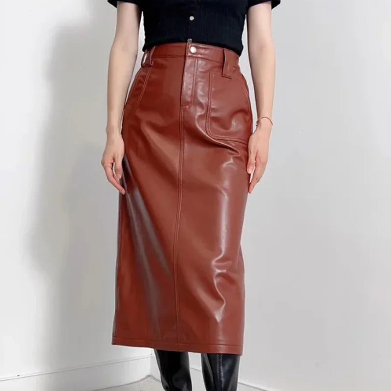 Women Genuine Leather Long Maxi Skirts