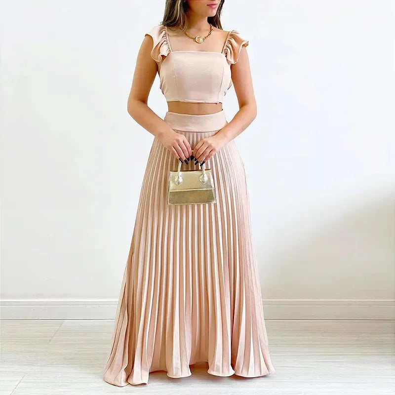 Women Top Short Vest High Waist Pleated Long Skirt