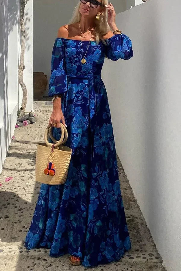 sexy slash neck, big swing print chest wrap dress