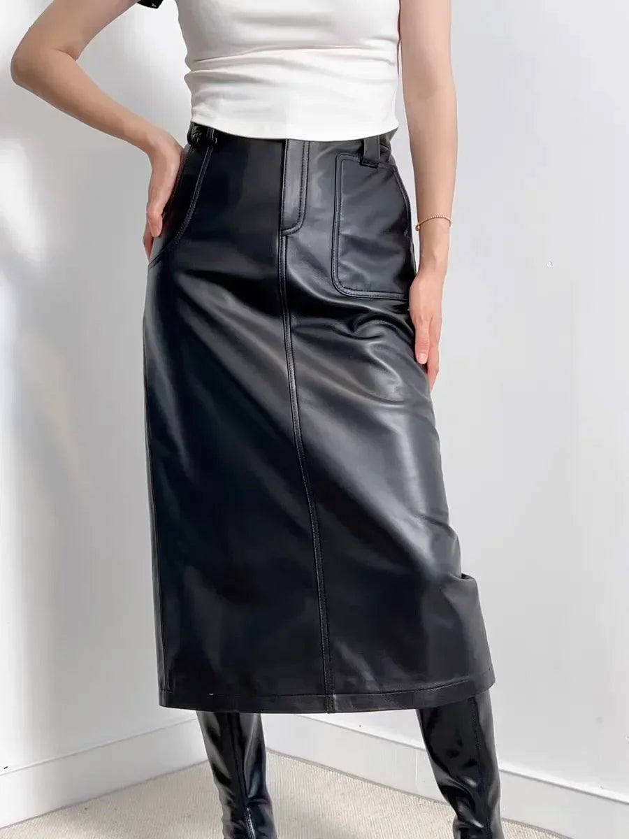 Stylish formal leather maxi skirt