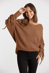 Women'S Casual Knitted Sweater Boat Neck Lace up Long Batwing Sleeve Loose Pullover Jumper Tops