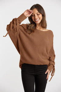 Women'S Casual Knitted Sweater Boat Neck Lace up Long Batwing Sleeve Loose Pullover Jumper Tops