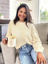 Womens Fall and Winter Fashion Sweater 2022 Crewneck Pom Pom Long Sleeve Chunky Knit Pullover Sweater Oversized Batwing Sleeve Loose Jumper Tops (Apricot, Large)