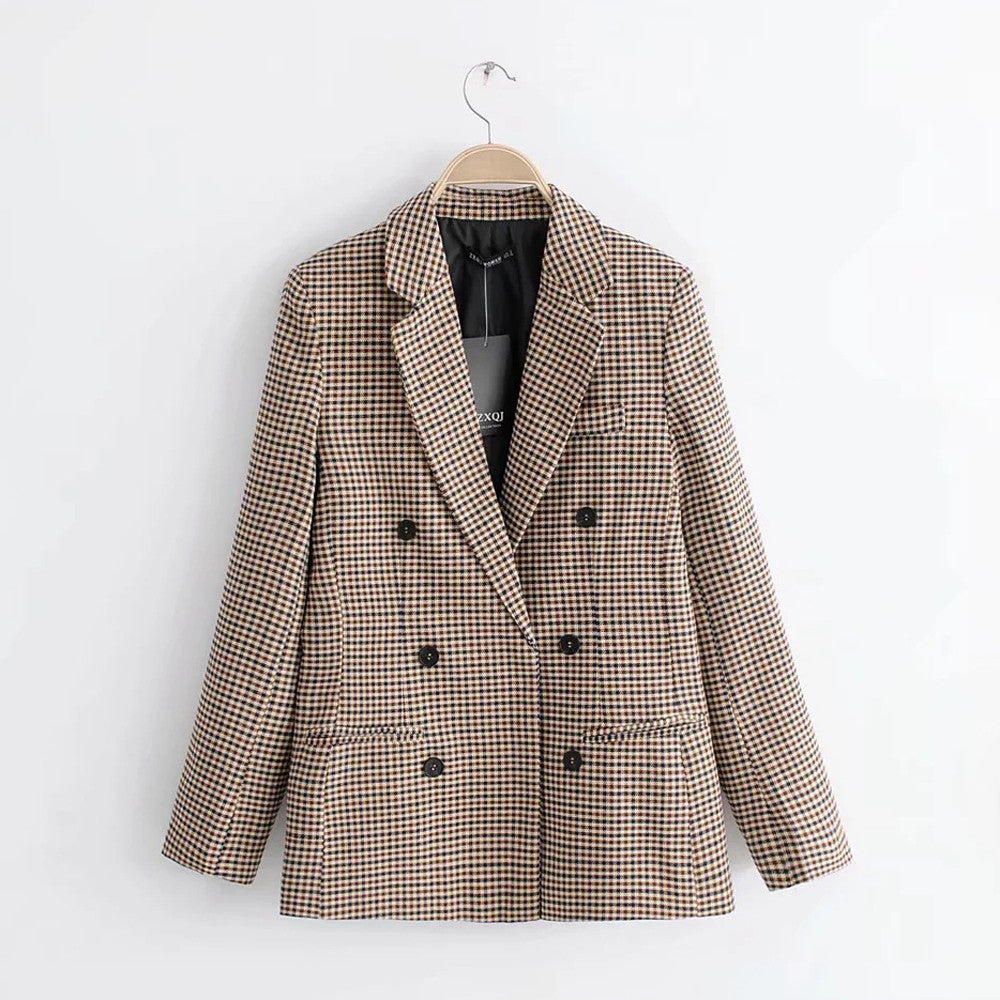 Women'S Blazers & Suit Jackets Solid Double Breasted Suit Long Sleeve Work 0Ffice Cardigan Vintage Plaid Print Blazer Lapel Slim Coat
