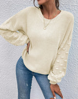 Womens Fall and Winter Fashion Sweater 2022 Crewneck Pom Pom Long Sleeve Chunky Knit Pullover Sweater Oversized Batwing Sleeve Loose Jumper Tops (Apricot, Large)