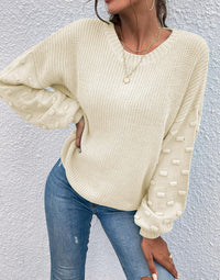 Womens Fall and Winter Fashion Sweater 2022 Crewneck Pom Pom Long Sleeve Chunky Knit Pullover Sweater Oversized Batwing Sleeve Loose Jumper Tops (Apricot, Large)