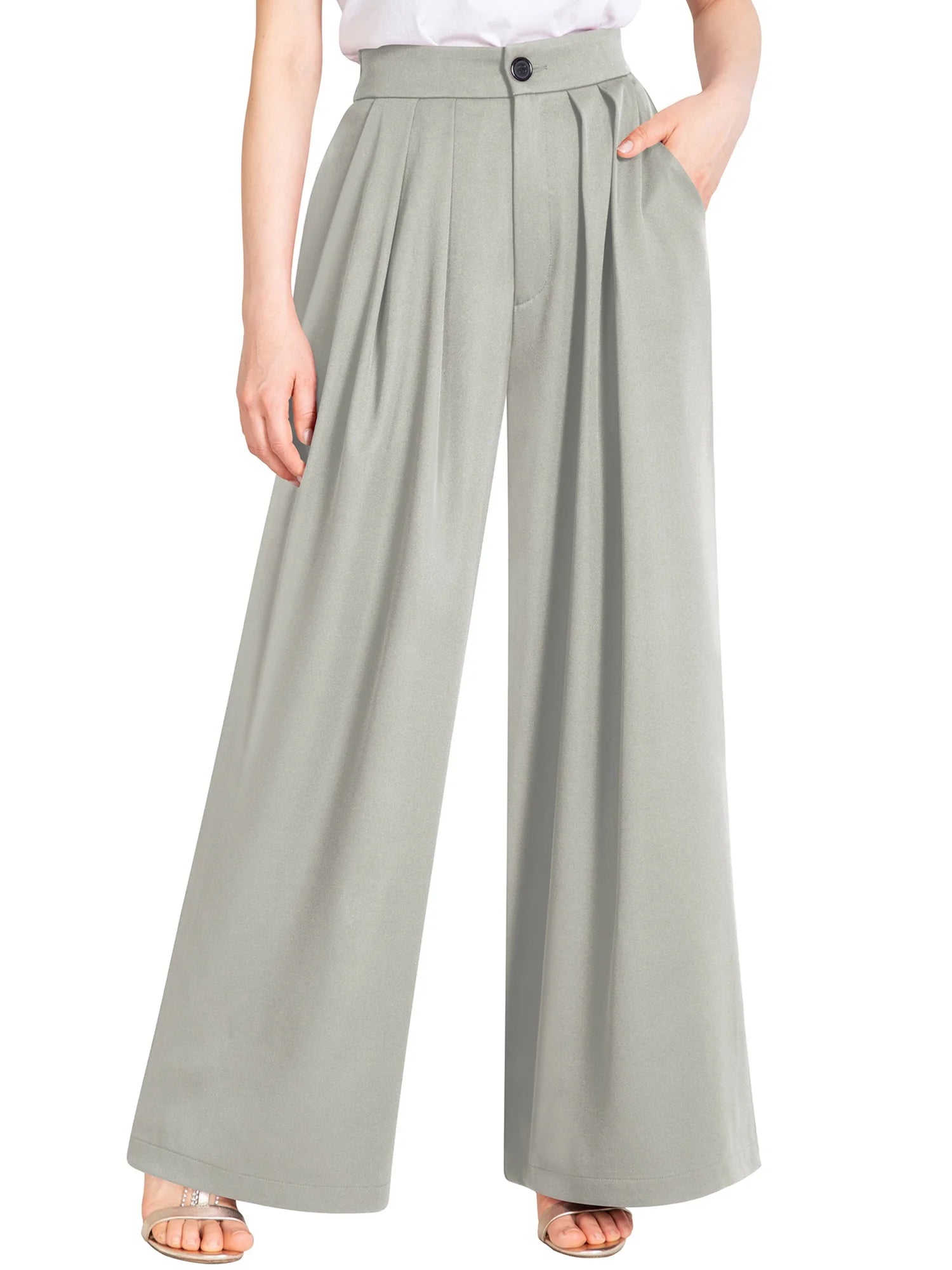 Pants for Women High Waist Straight Leg Pant Business Office Wide Leg Trousers Casual Loose Flare Bell Bottoms Gray Pull on Pants with Pocket Clothes Size XXL
