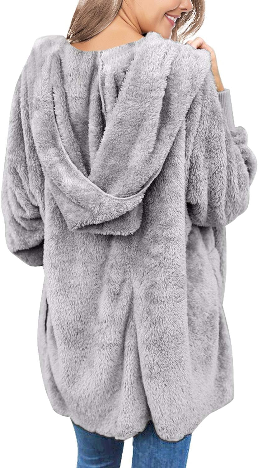 Womens Cardigan 2025 Winter Oversized Open Front Fleece Hooded Draped Pockets Jacket Coats