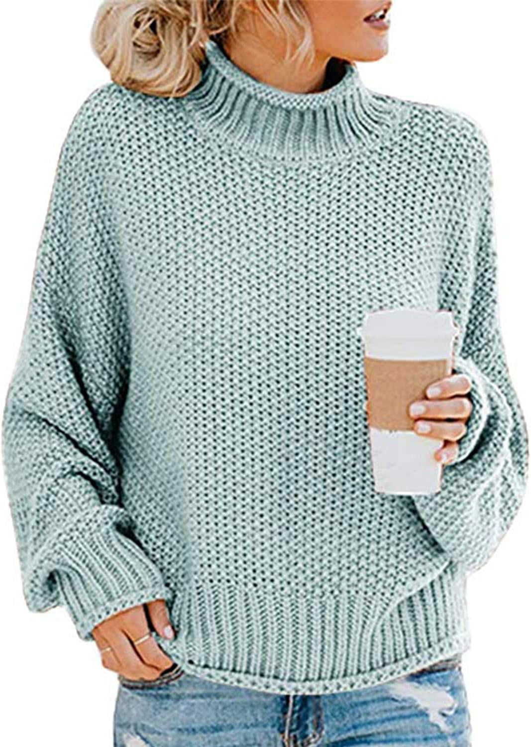 Women'S Turtleneck Sweaters Slouchy Batwing Sleeve Chunky Knit Oversized Pullover Tops