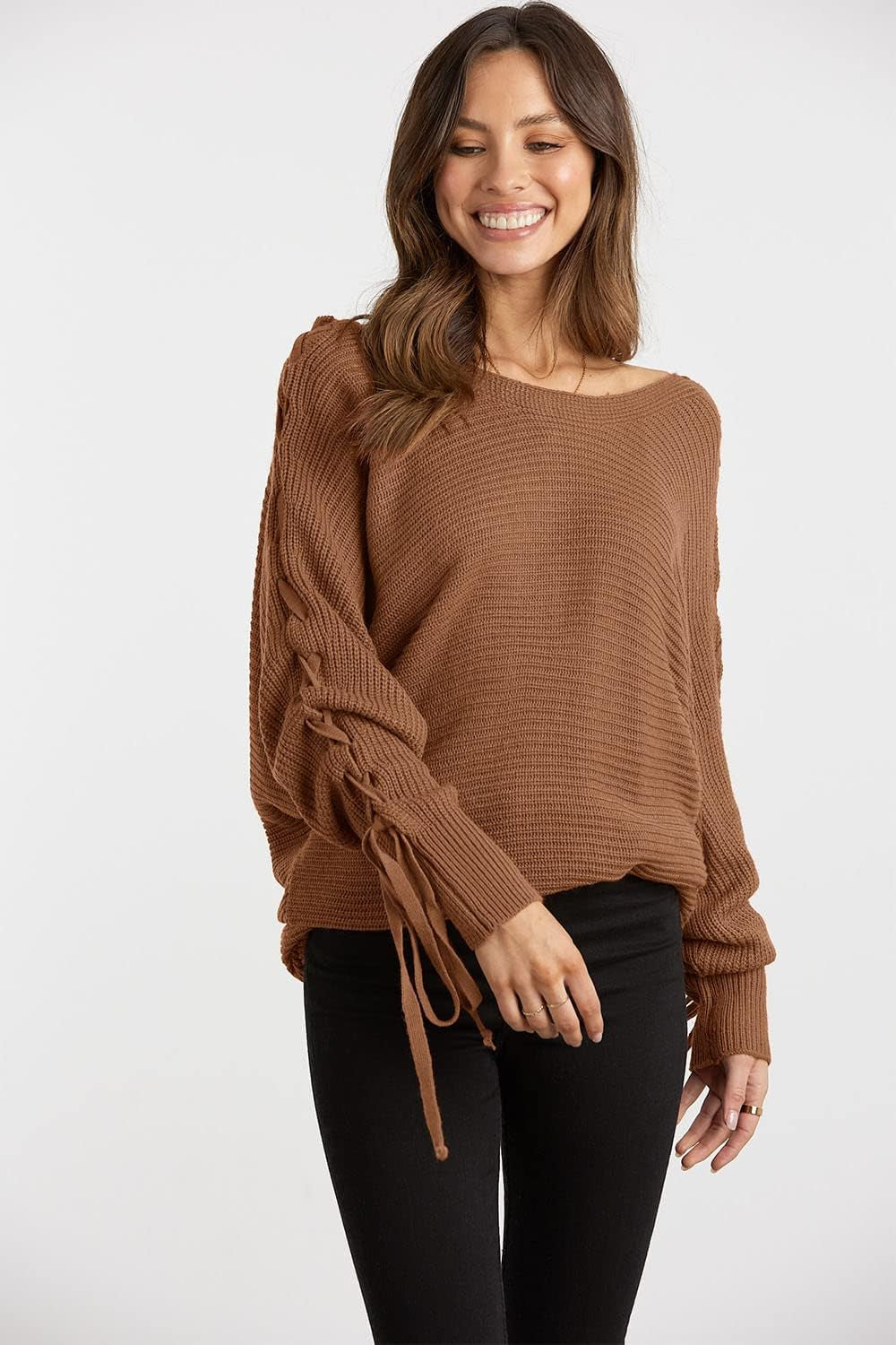 Women'S Casual Knitted Sweater Boat Neck Lace up Long Batwing Sleeve Loose Pullover Jumper Tops